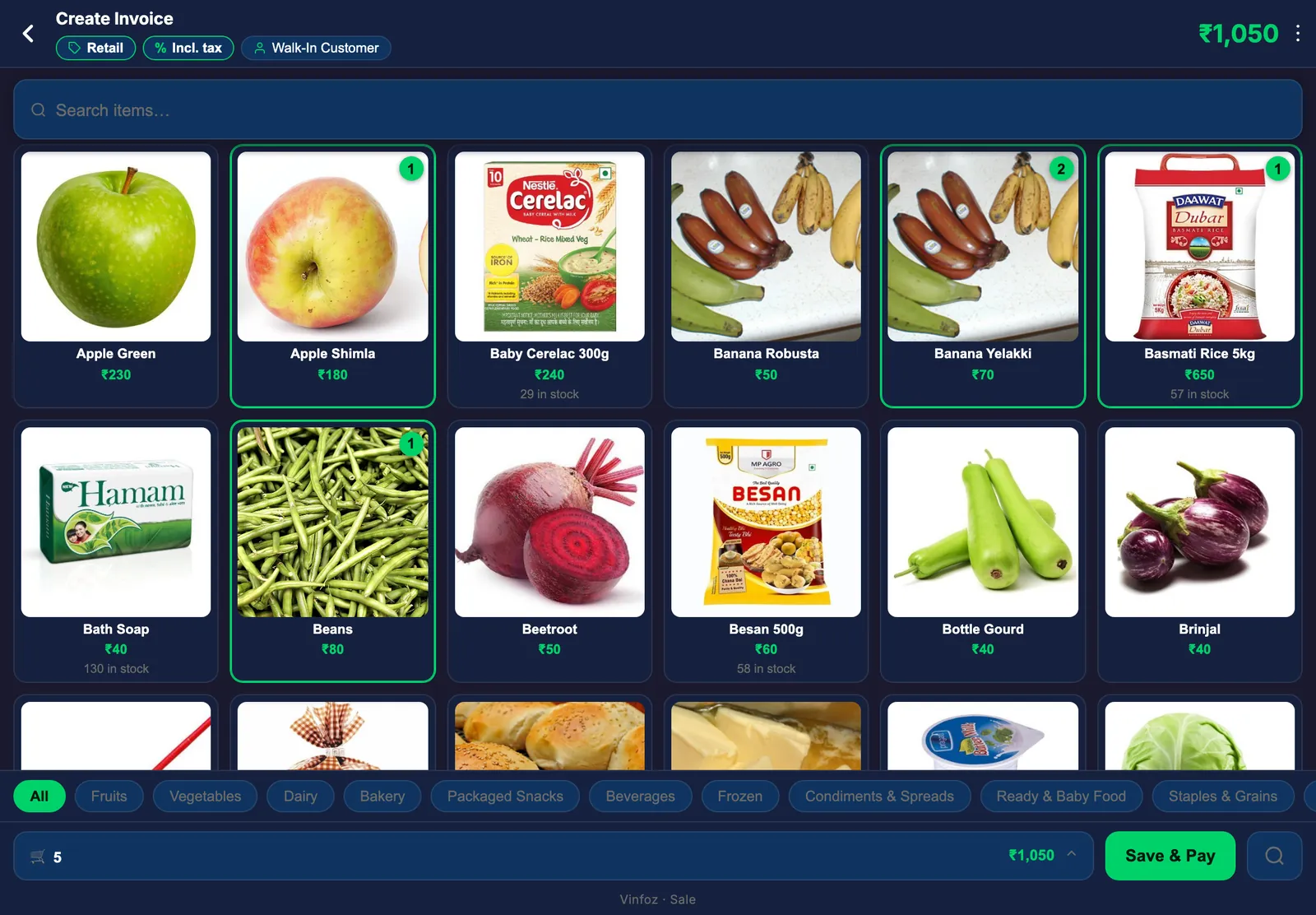 Vinfoz Tap on a tablet: bigger item tiles with categories and Save & Pay