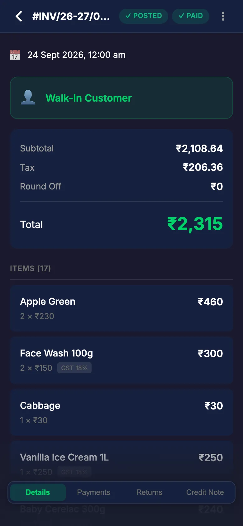 One Vinfoz bill: subtotal, tax, total ₹2,315 and each item with its GST rate