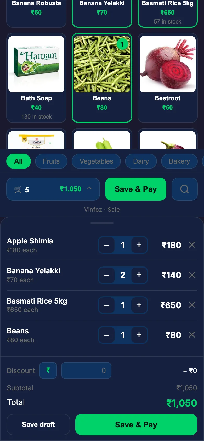 Check the bill — Vinfoz Tap screen