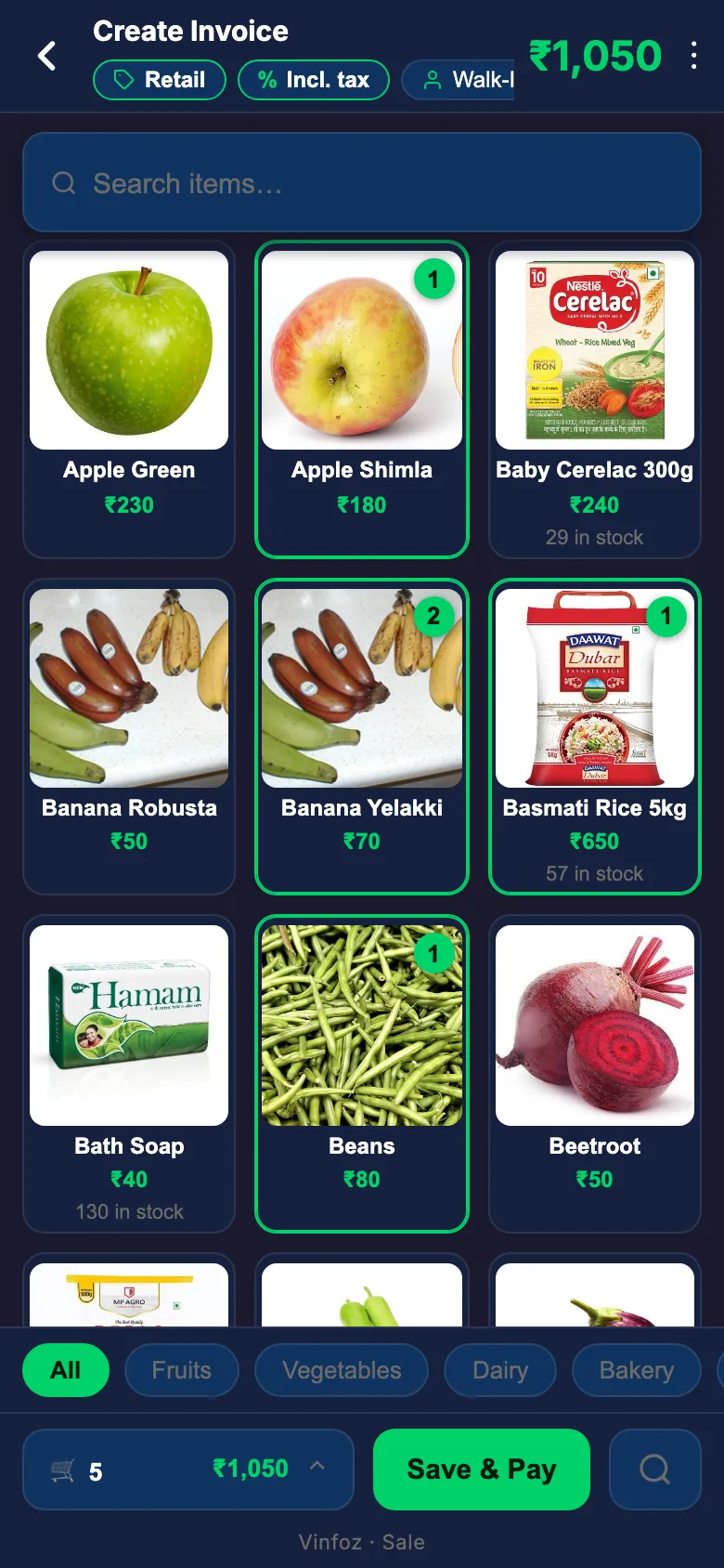 Tap the item — Vinfoz Tap screen