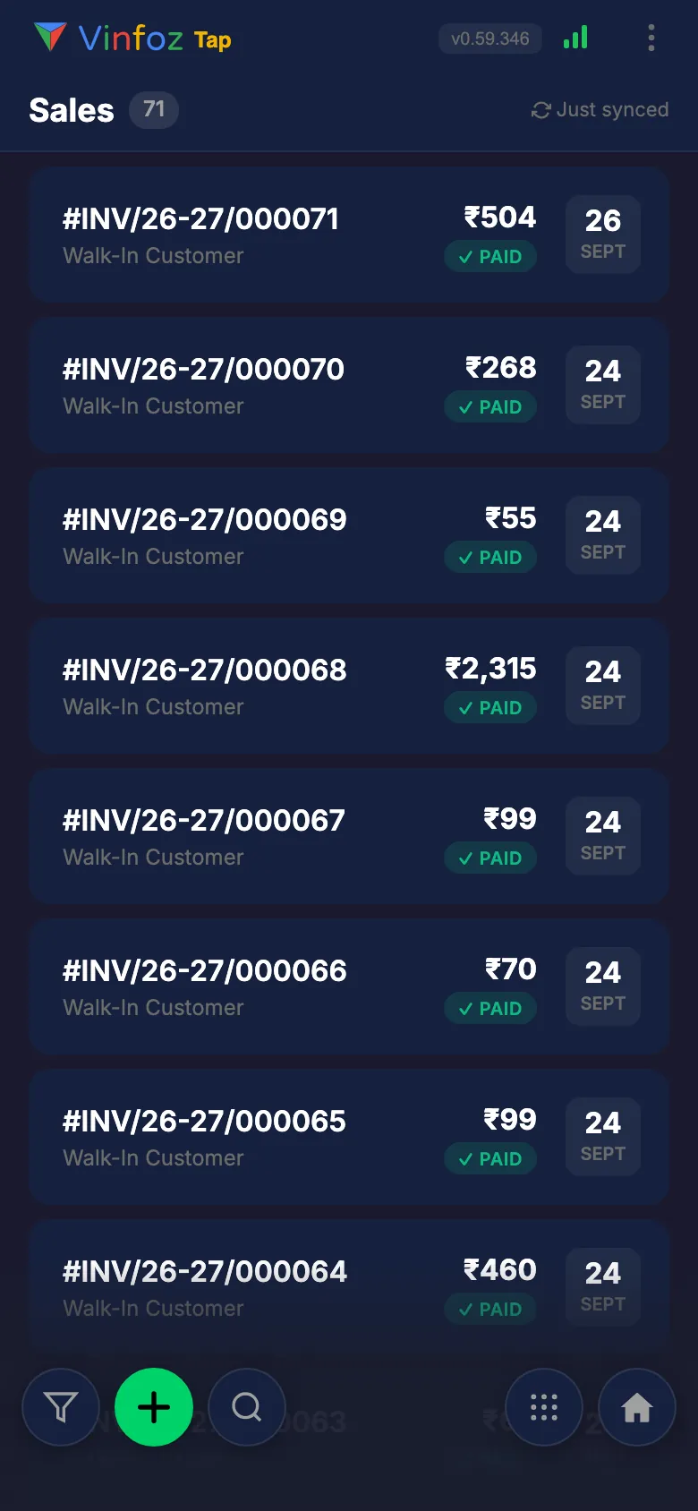 Vinfoz sales list with bill numbers, amounts and PAID status