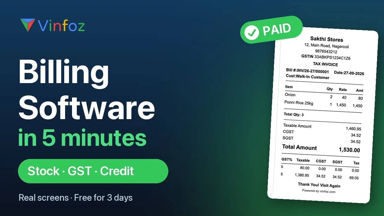 Vinfoz full demo: billing software in 5 minutes — stock, GST and credit