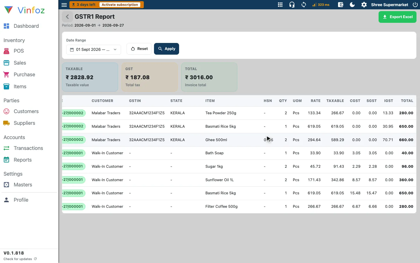 Vinfoz GSTR-1 report: invoices with GSTIN, state, HSN, CGST, SGST and IGST, Export Excel button