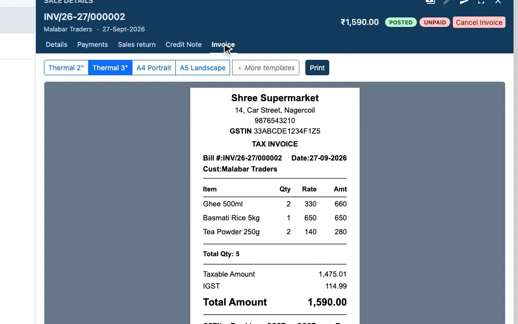 Vinfoz tax invoice on a thermal 3 inch layout: shop GSTIN, customer Malabar Traders, IGST ₹114.99, total ₹1,590